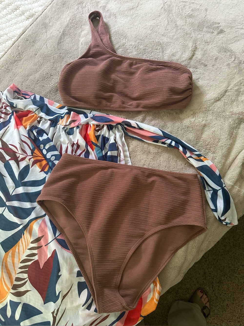 Mauve One-Shoulder Ribbed Bikini Set - Mauve Pink